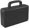 A black, rectangular suitcase with a handle, closed. It looks plain and functional.