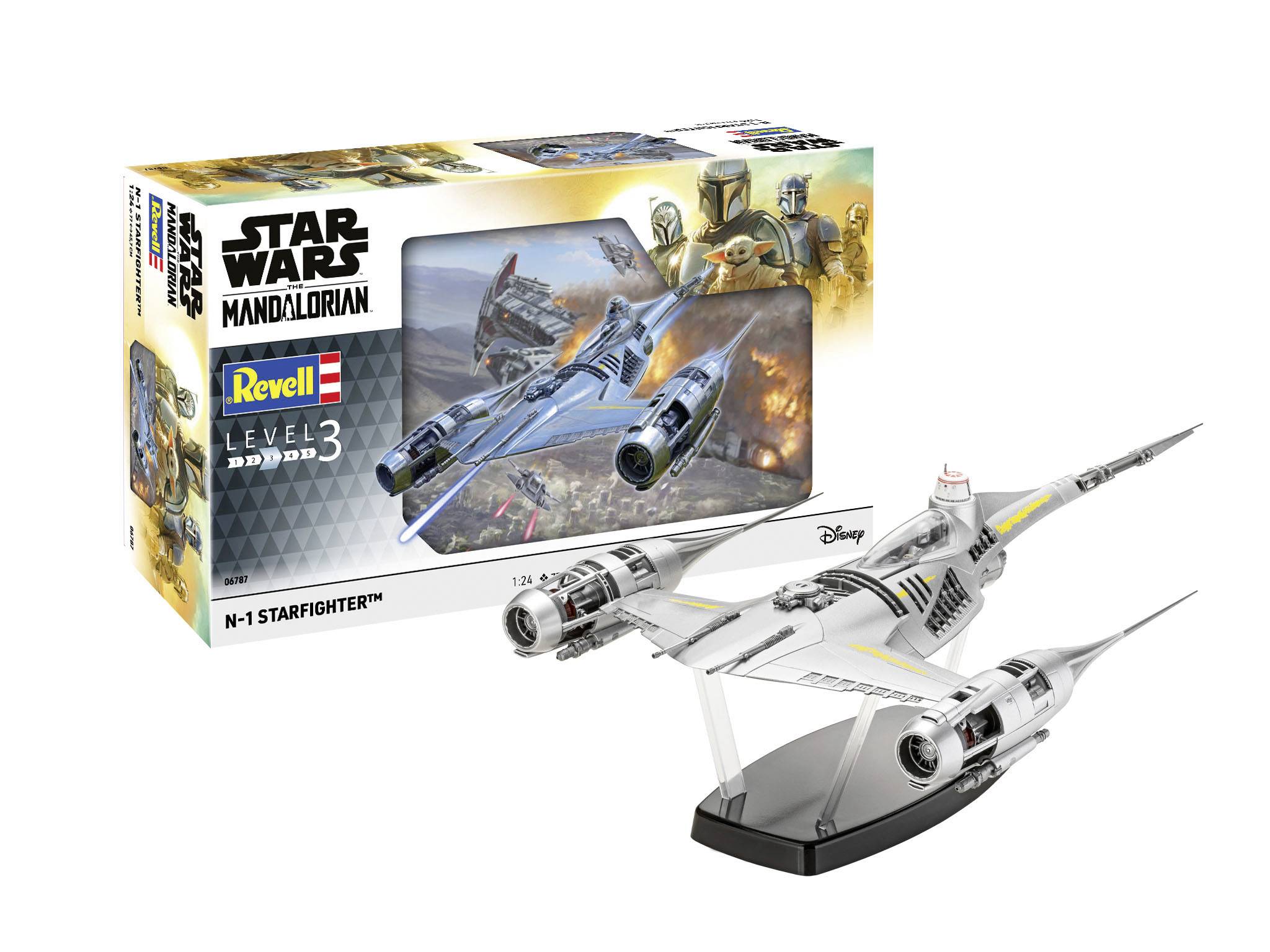 Packaging and model of the Revell 'Star Wars Mandalorian N-1 Starfighter' on a display. Contains components for Level 3.