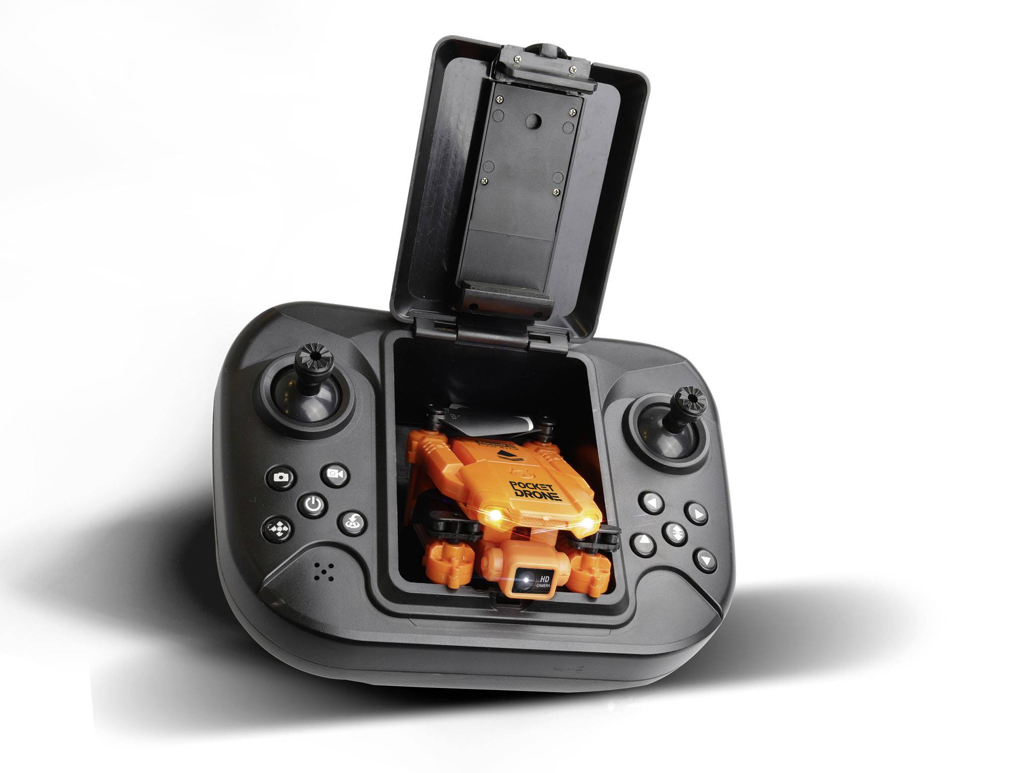 Remote control with an integrated compartment for a small, yellow drone. Control sticks and buttons are visible.