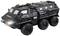 Toy S.W.A.T. vehicle in black, six wheels, police design with US flag and front headlights.
