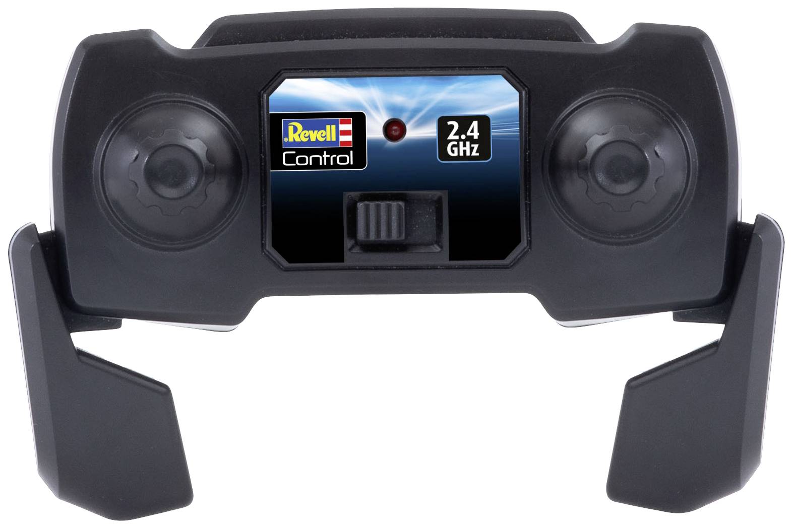 Black 2.4 GHz remote control controller by Revell Control with two control buttons, one switch and logo print on the front.