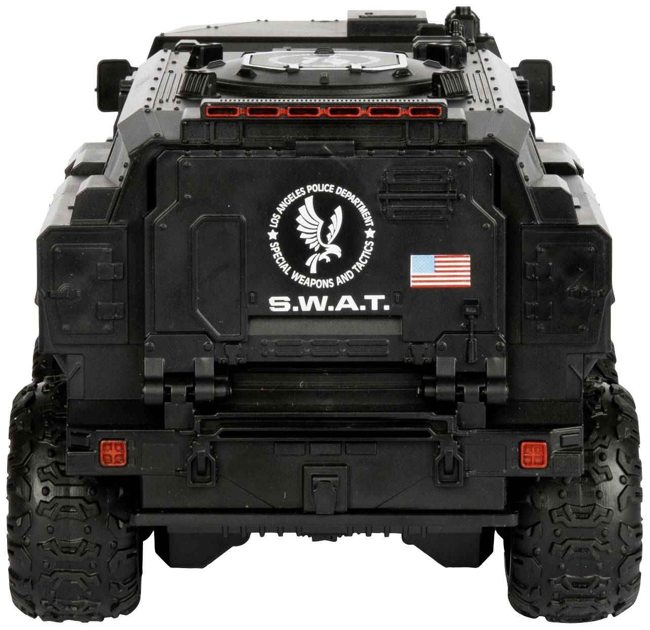 A heavily armoured SWAT vehicle from behind, with a 'Los Angeles Police Department' emblem and an American flag.