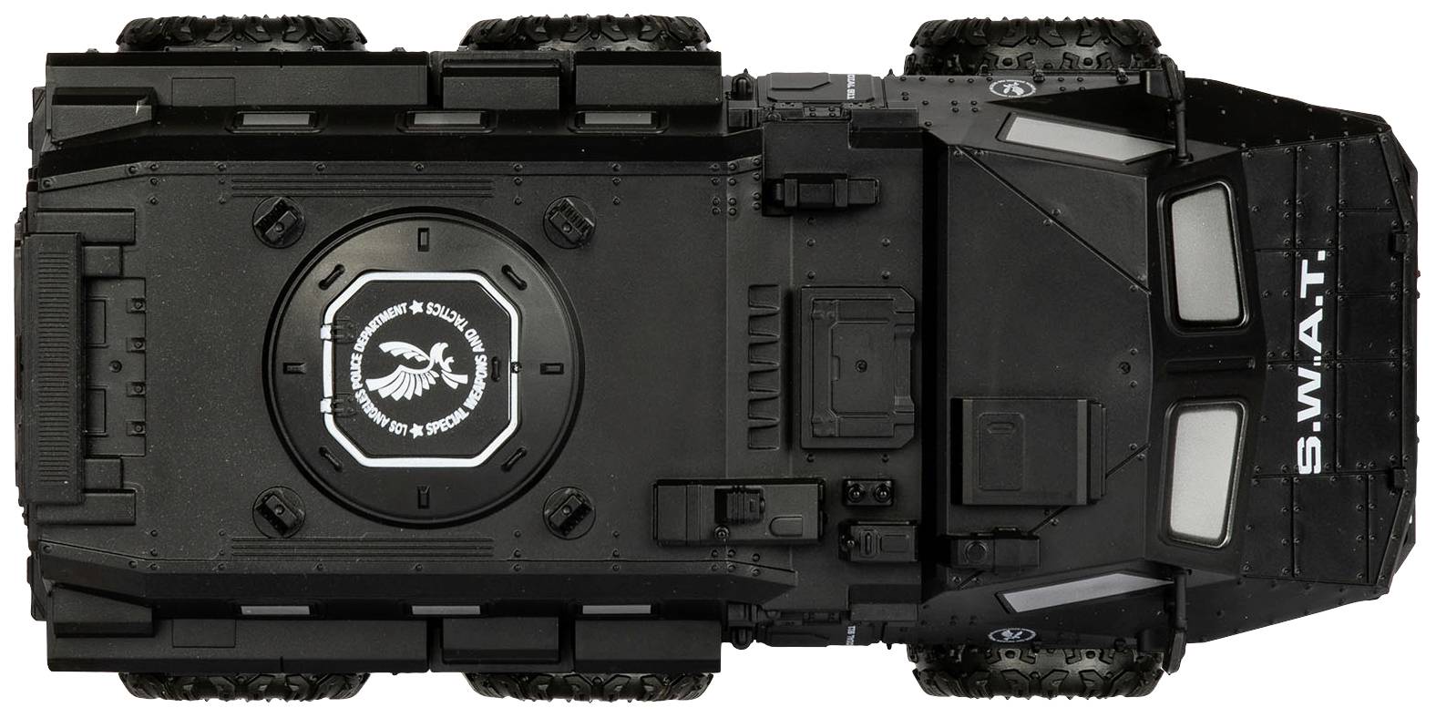 Black S.W.A.T. vehicle from above. On the roof is a badge with an eagle and the text 'S.W.A.T.'. Rugged off-road design.