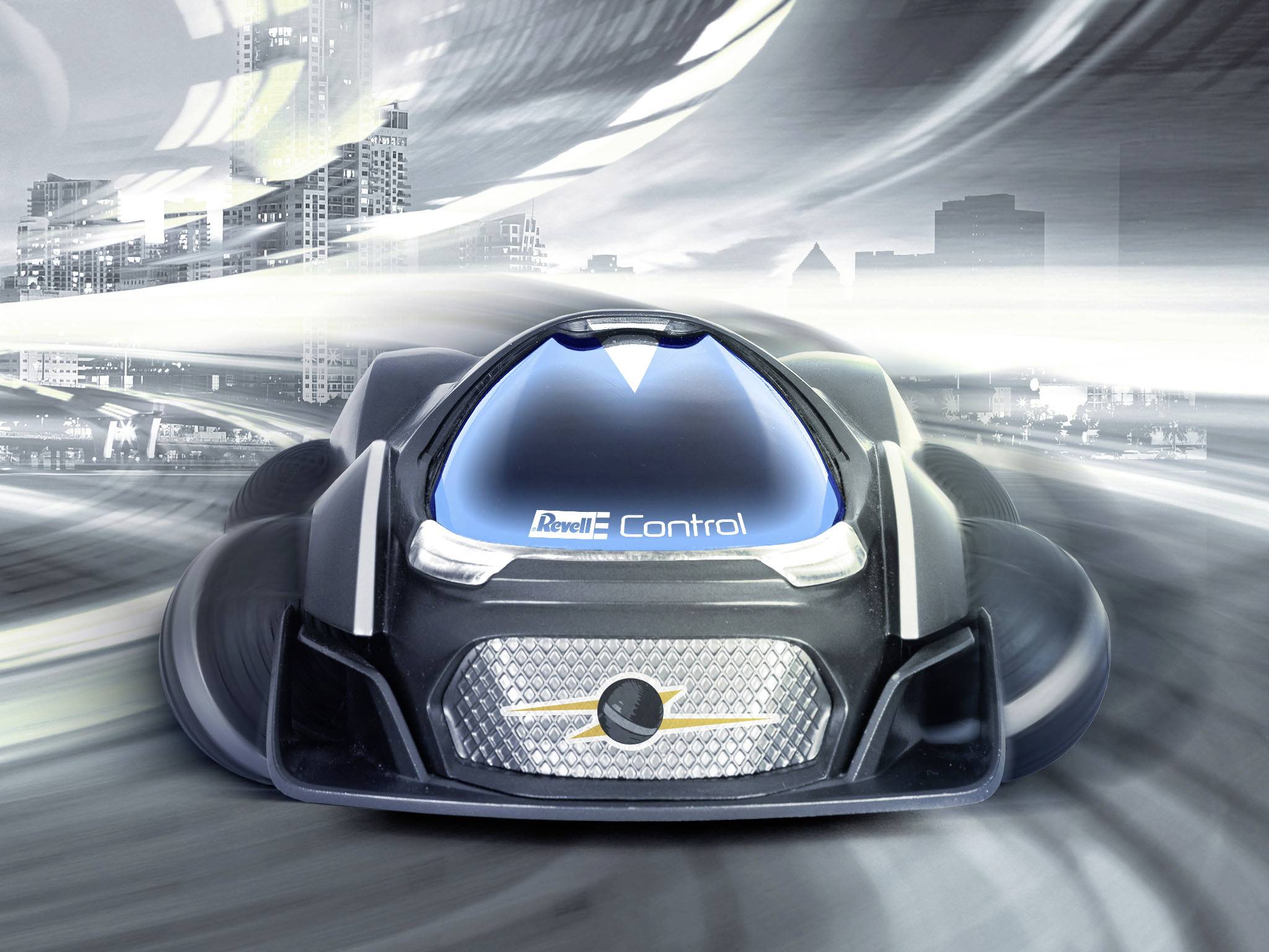 A remote-controlled vehicle moves swiftly through a stylised urban landscape. It appears futuristic with a blurred background.