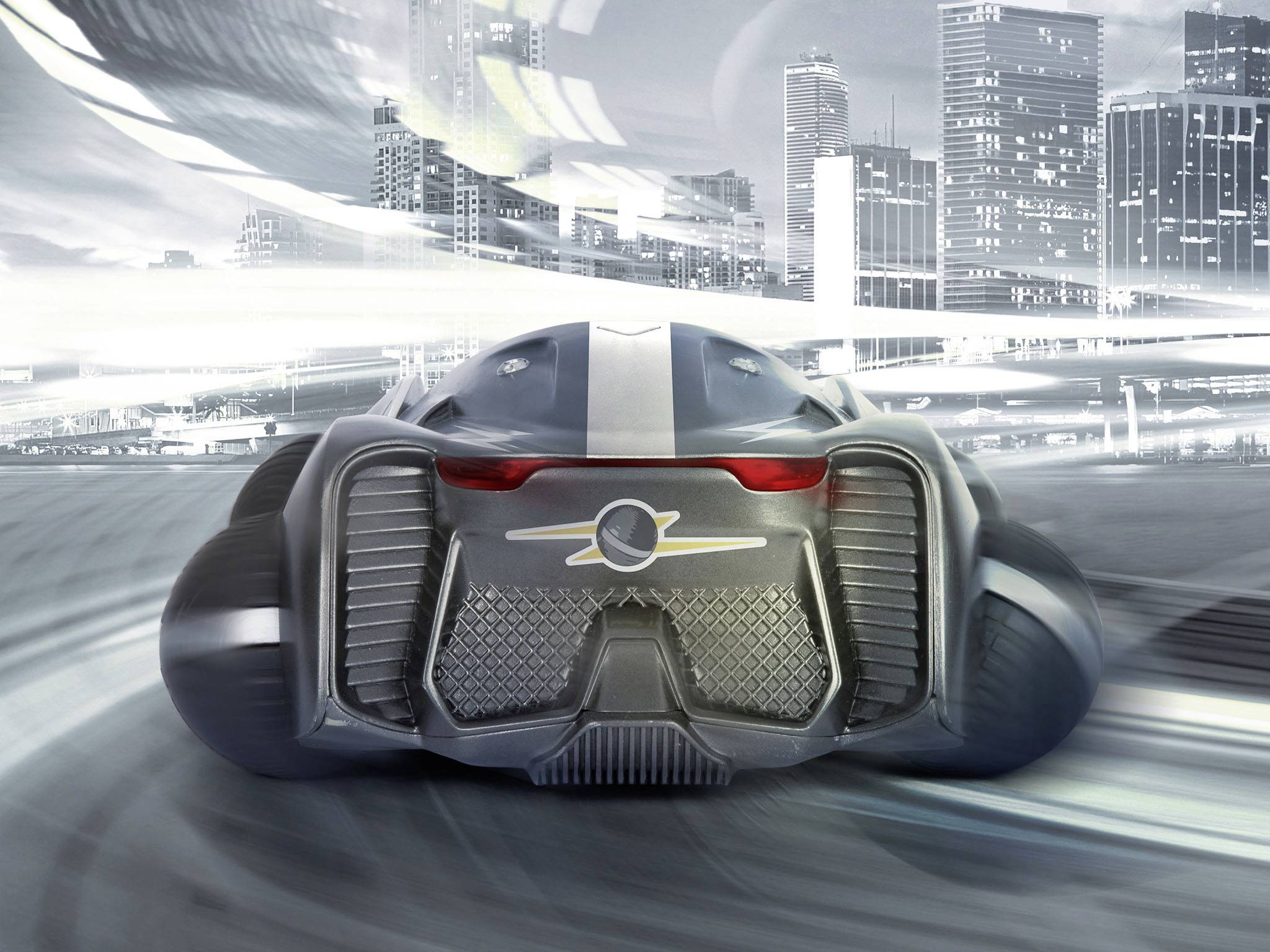 A futuristic car viewed from behind in front of a modern urban landscape, with illuminated rear lights and a futuristic cityscape.