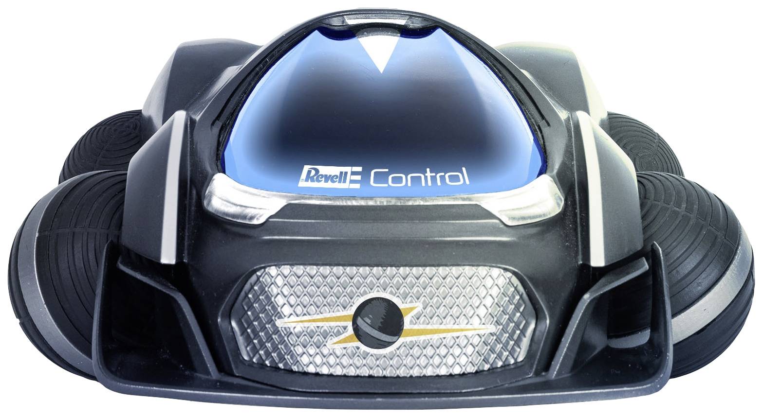 A remote-controlled black and blue toy vehicle with a distinctive design and Revell Control logo.