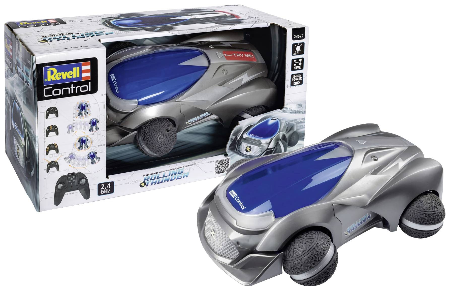 Remote-controlled car 'Revell Control Twister Stunt Car' in Blue and Silver. Packaging shows car, controller and features.