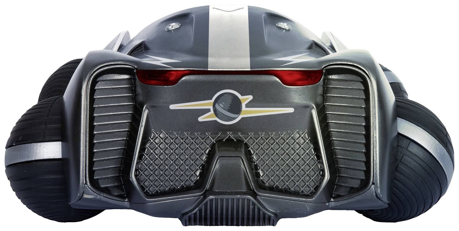 A futuristic, grey vehicle with rounded edges and tyres. It has red lights and a unique pattern on the rear.