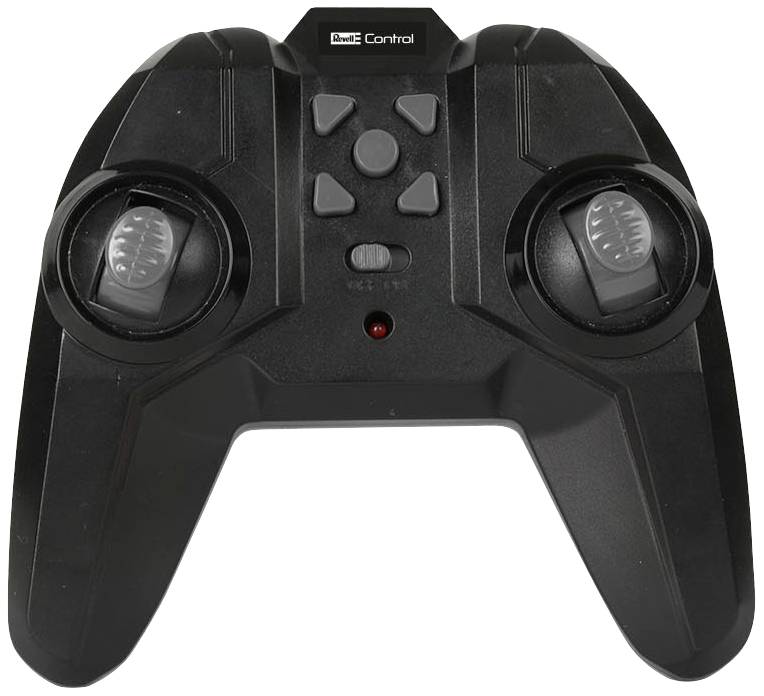 Black game controller with two joysticks and multiple buttons, including a directional pad and a power button in the centre.