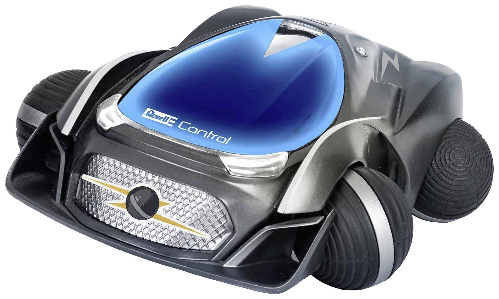 Futuristic toy car with a blue-tinted cockpit, silver-black design and prominent wheels. Inscription: 'Control'.
