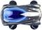 A futuristic toy car with a blue cover and silver embellishments. The car has four large, black wheels.