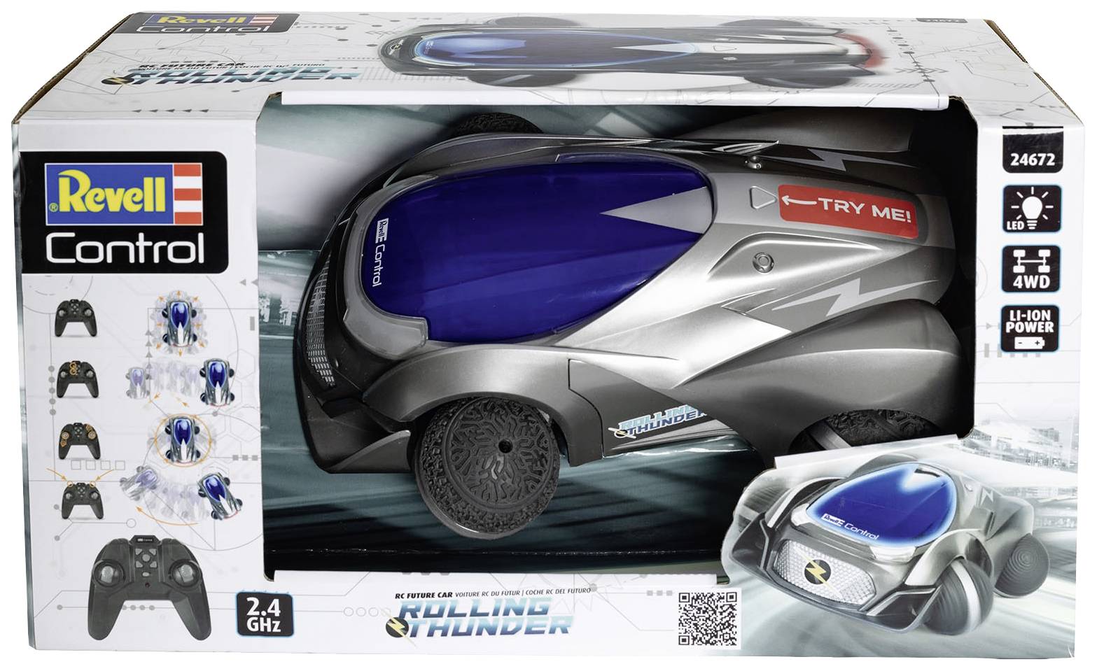 Remote-controlled car in Revell Control packaging. Includes technical details and radio system specifications.