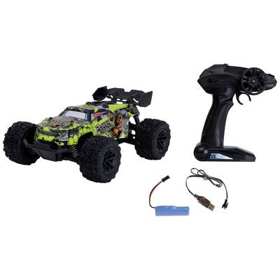 Remote-controlled car with a striking green and black design, remote control, battery, and charging cable. Suitable for racing and off-road adventures.