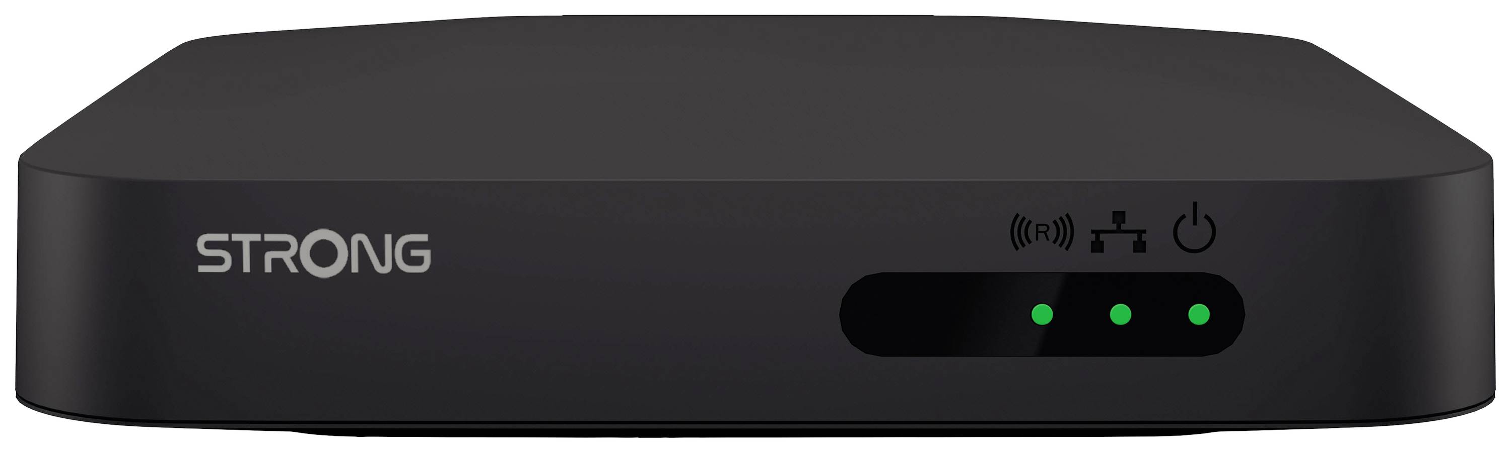 A black streaming box with LEDs and the 'STRONG' logo indicates connection and operational status.