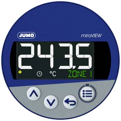 Digital thermostat with LCD display showing '24.35 °C ZONE 1'. Navigation and confirmation buttons underneath.
