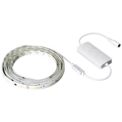 A coiled LED light strip with control unit and cable, ideal for creating atmospheric lighting in interior spaces.