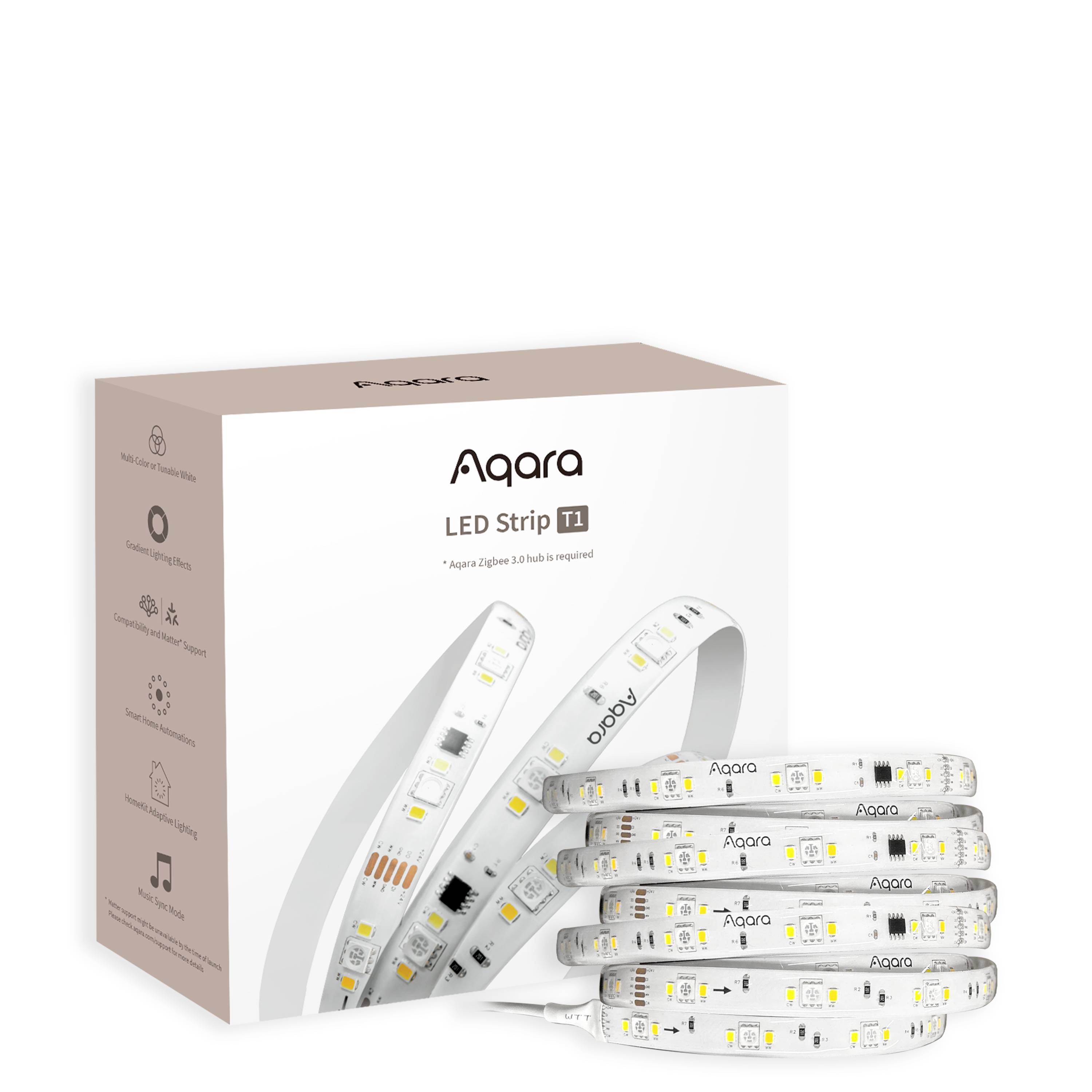 Aqara LED Light Strip T1 in box. Key features: 3 metres in length, compatible with Hub and expandable up to 5 metres. Usable with music and works with Siri and Alexa.