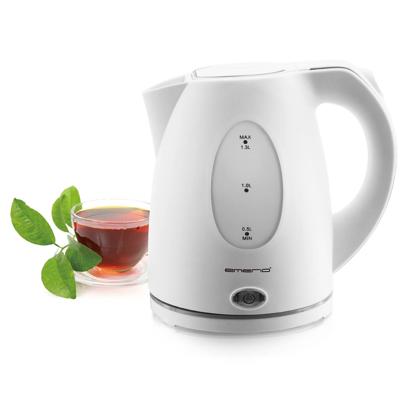A white kettle beside a cup of tea with fresh green leaves.