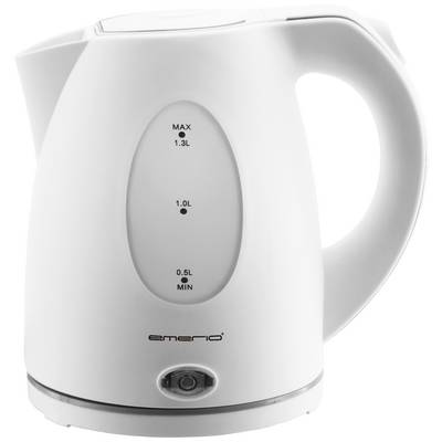 Electric kettle in white with a transparent window indicating water level from 0.5 to 1.3 litres, handle on the right.