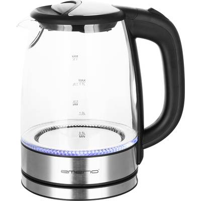 Electric kettle made of glass with a black handle and stainless steel base, illuminated with blue LED light. Fill level scale visible up to 1.7 litres.