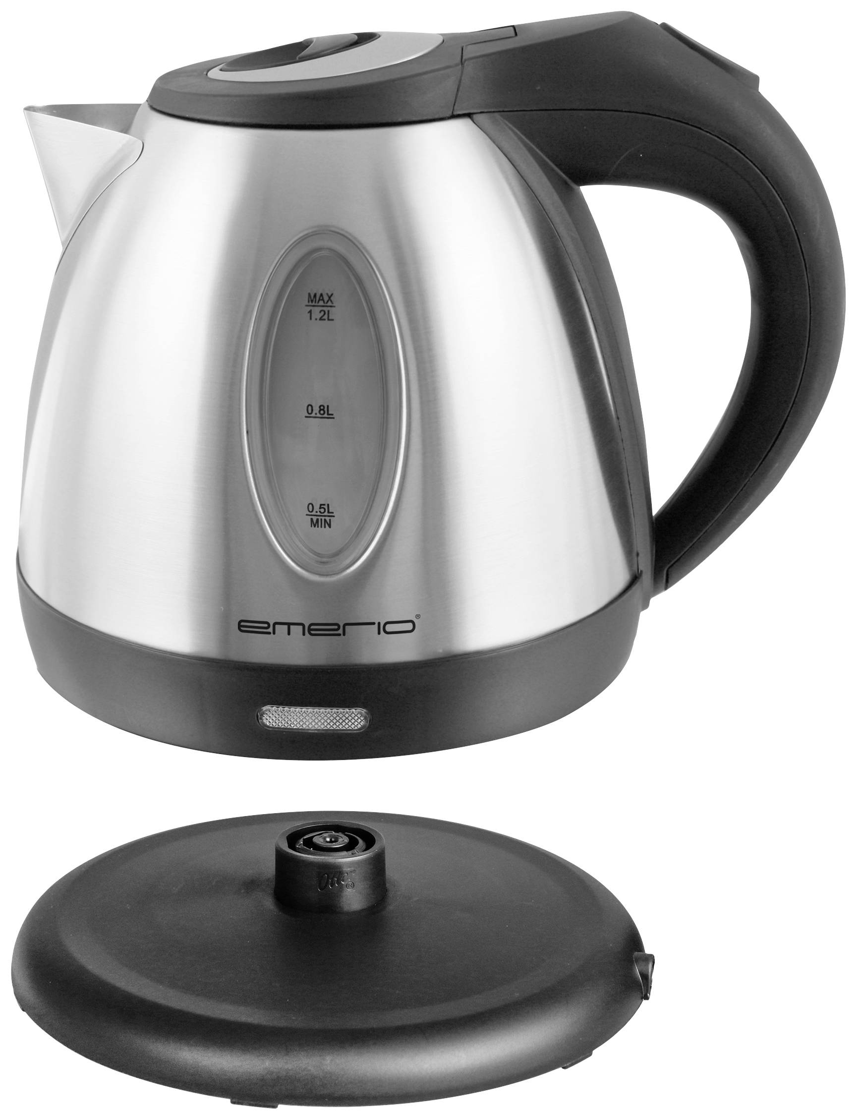 A stainless steel electric kettle with a scale for 1.2 litres maximum capacity, removable from its round base.