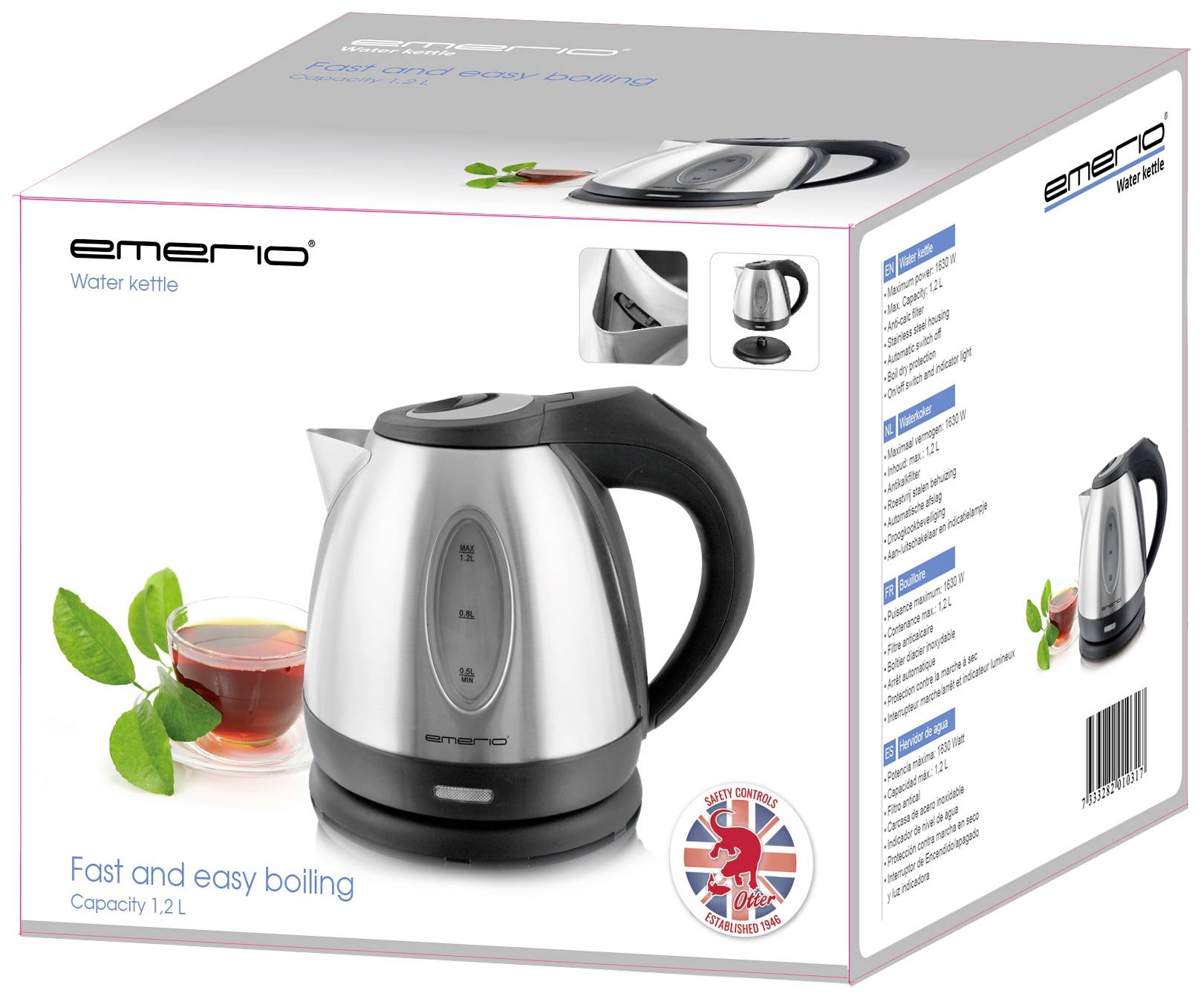 Kettle pictured on packaging. Stainless steel design, capacity 1.2 litres. Energy-efficient, rapid heating.