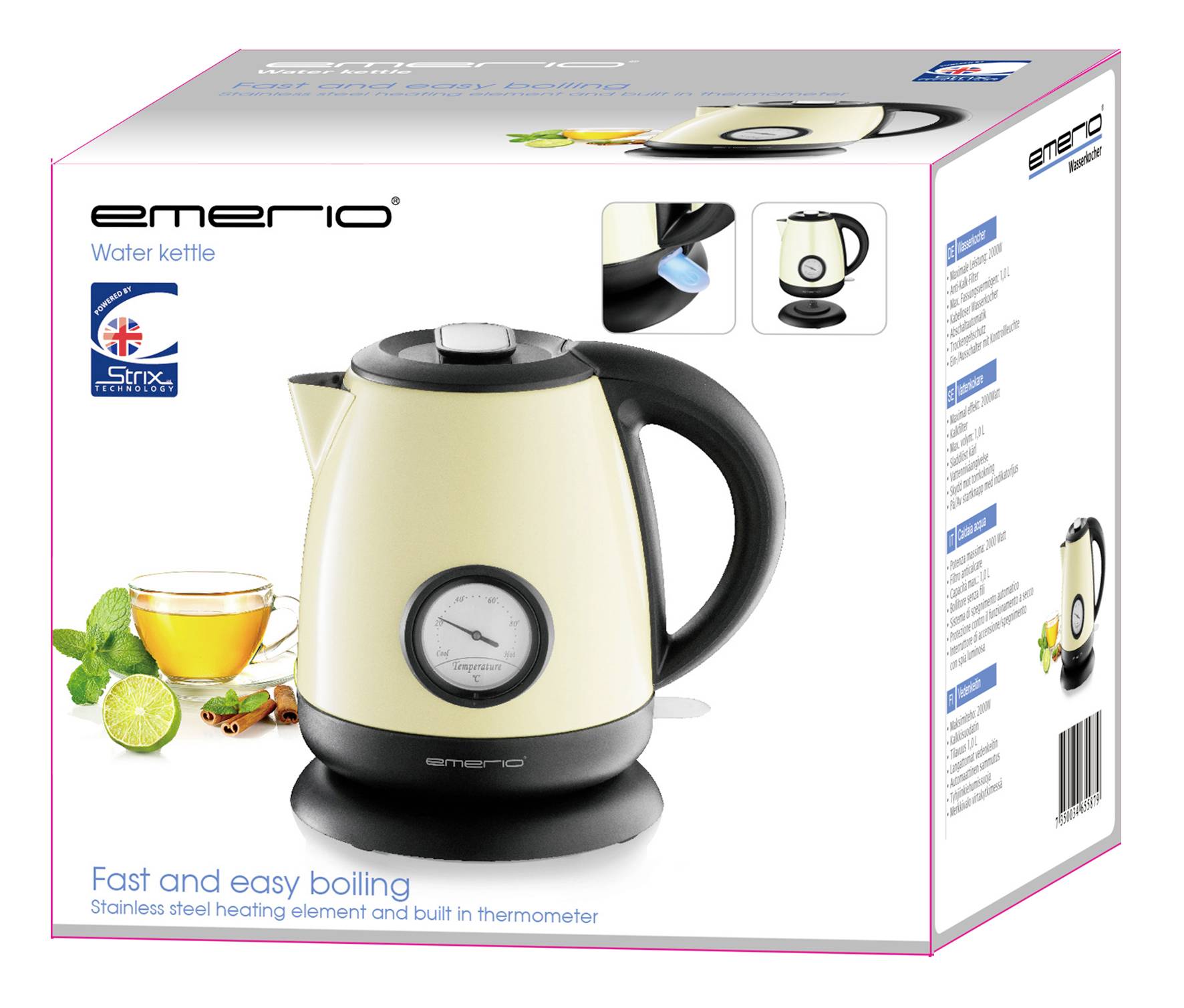 Kettle Packaging with an image of a cream-coloured kettle, a cup of tea, and lime slices. Text: 'Quick and Easy Boiling'.