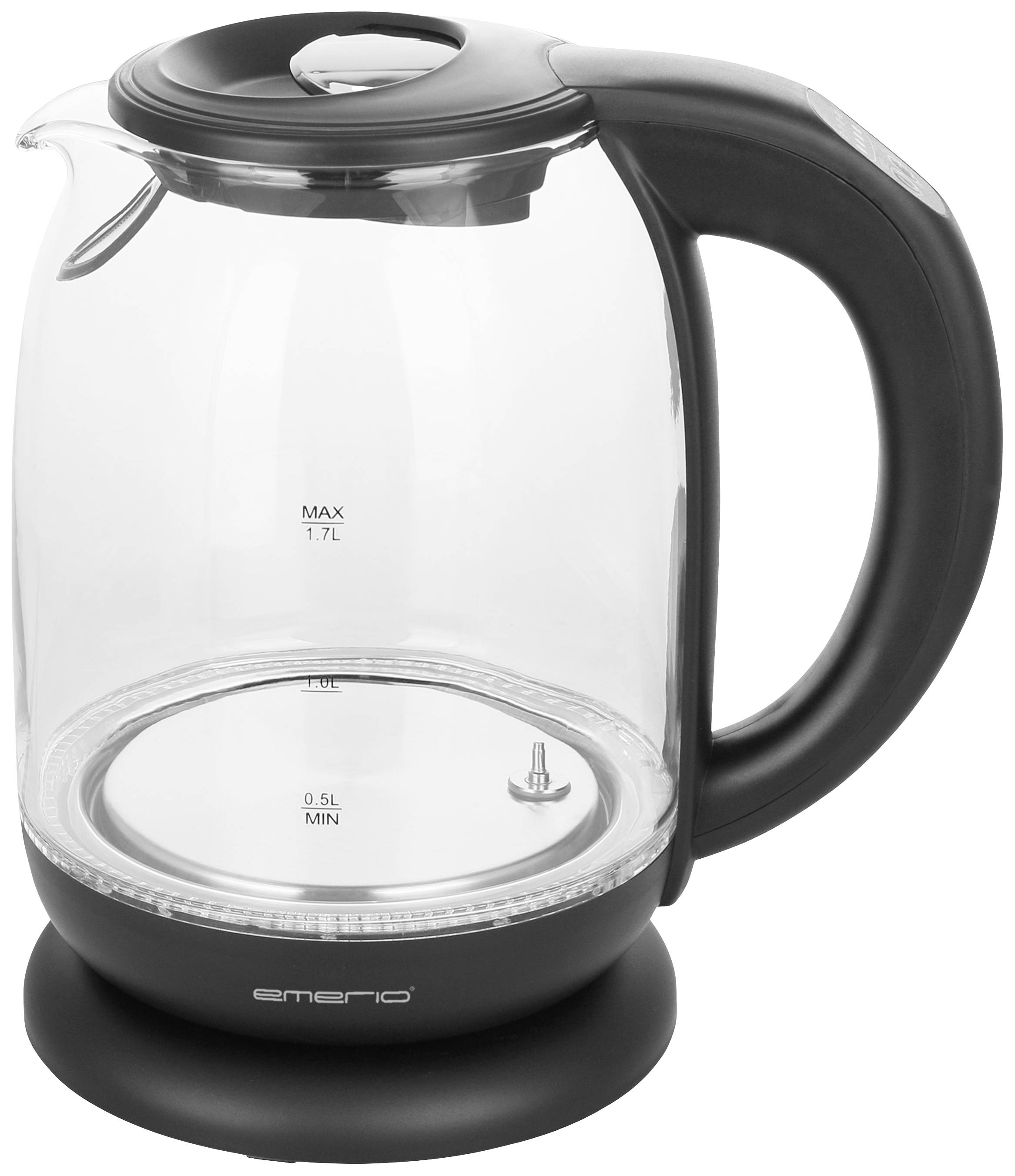 A glass electric kettle with a black handle, with a capacity of 1.7 litres, positioned on a round base.