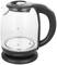 A glass electric kettle with a black handle, with a capacity of 1.7 litres, positioned on a round base.