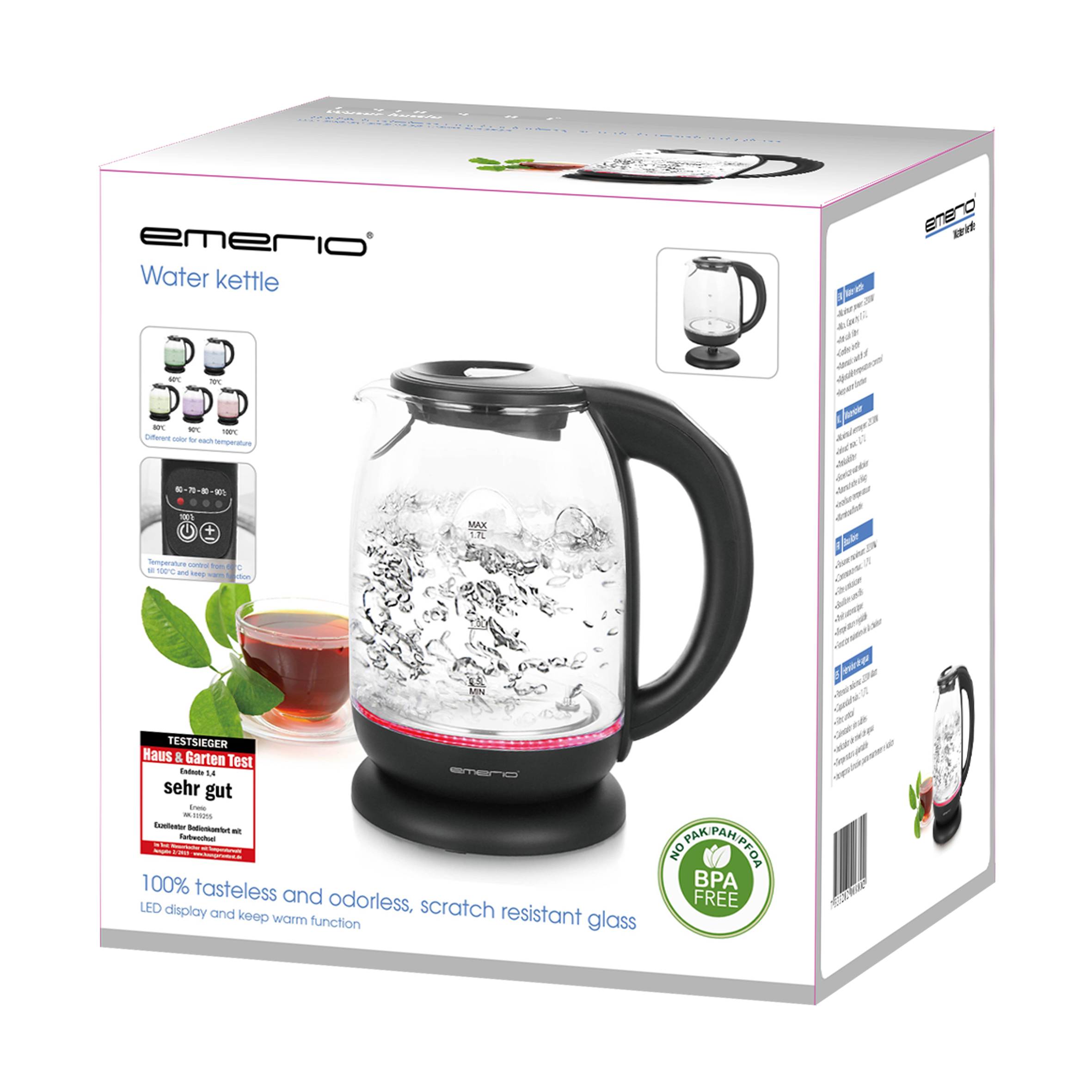 Glass kettle by Emerio, 100% flavour-neutral and scratch-resistant, with LED display and keep-warm function, BPA-free.