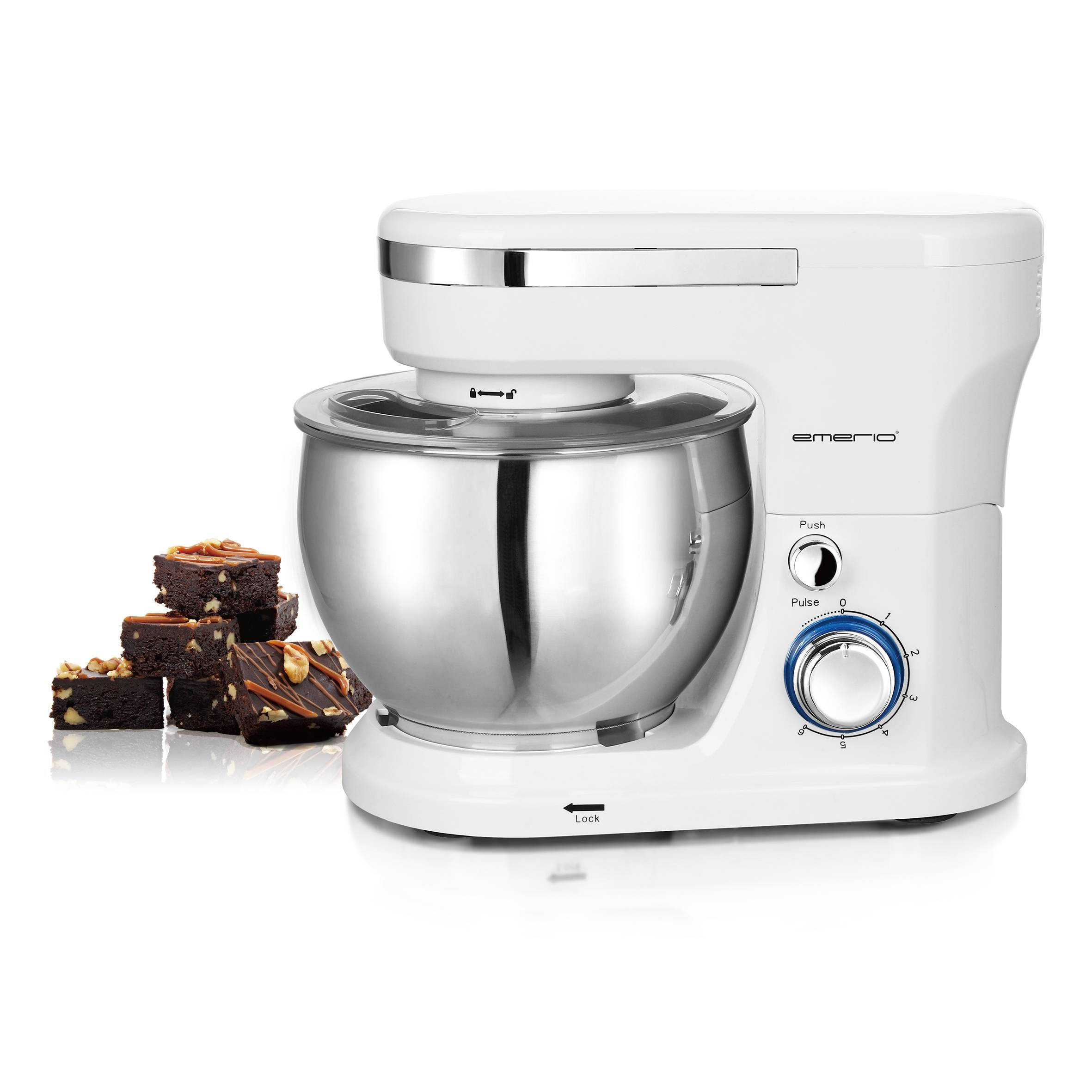 White kitchen mixer with a metal mixing bowl and silver button. Next to it on the right are chocolate brownies.