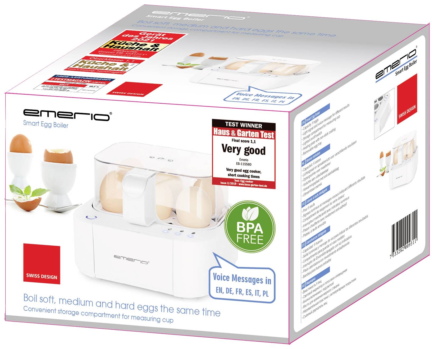 Packaging for an egg cooker with multiple eggs. Advertising text for test winner and BPA-free. Voice instructions in multiple languages.