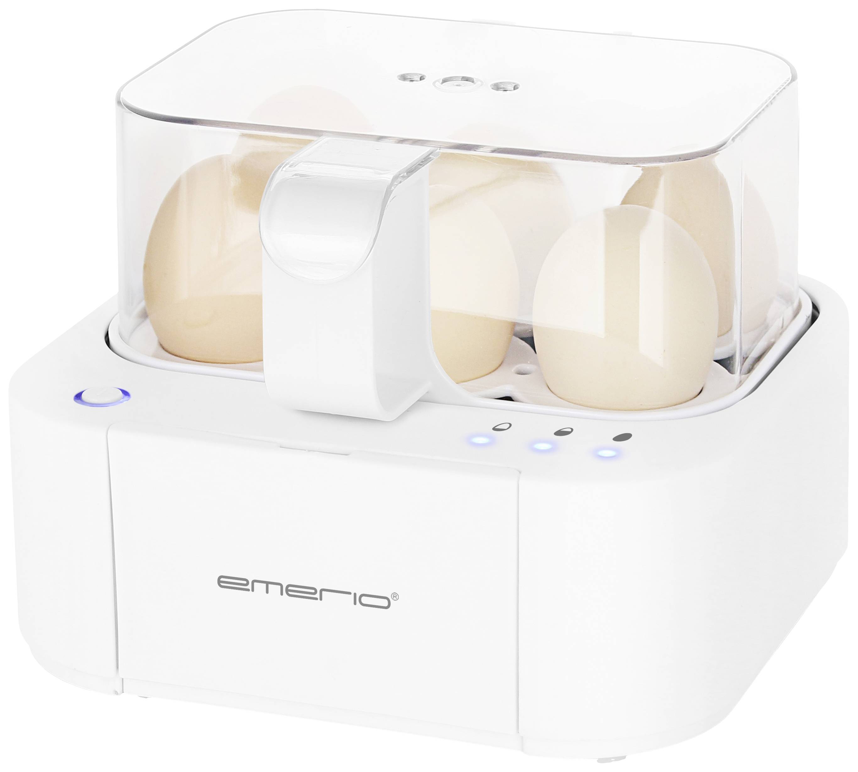 An electric egg cooker that can cook seven eggs simultaneously. It is white with a transparent lid and features operational indicator lights.