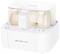 An electric egg cooker that can cook seven eggs simultaneously. It is white with a transparent lid and features operational indicator lights.