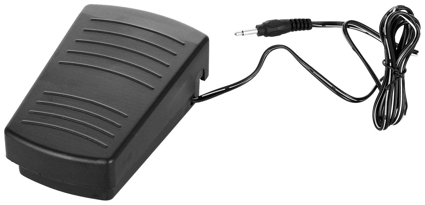 Black foot pedal with cable and plug, typical accessory for musical instruments or sewing machines to control functions.