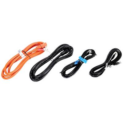 Diverse cables including an orange Ethernet cable, a black power cable, and two USB cables on a white background.