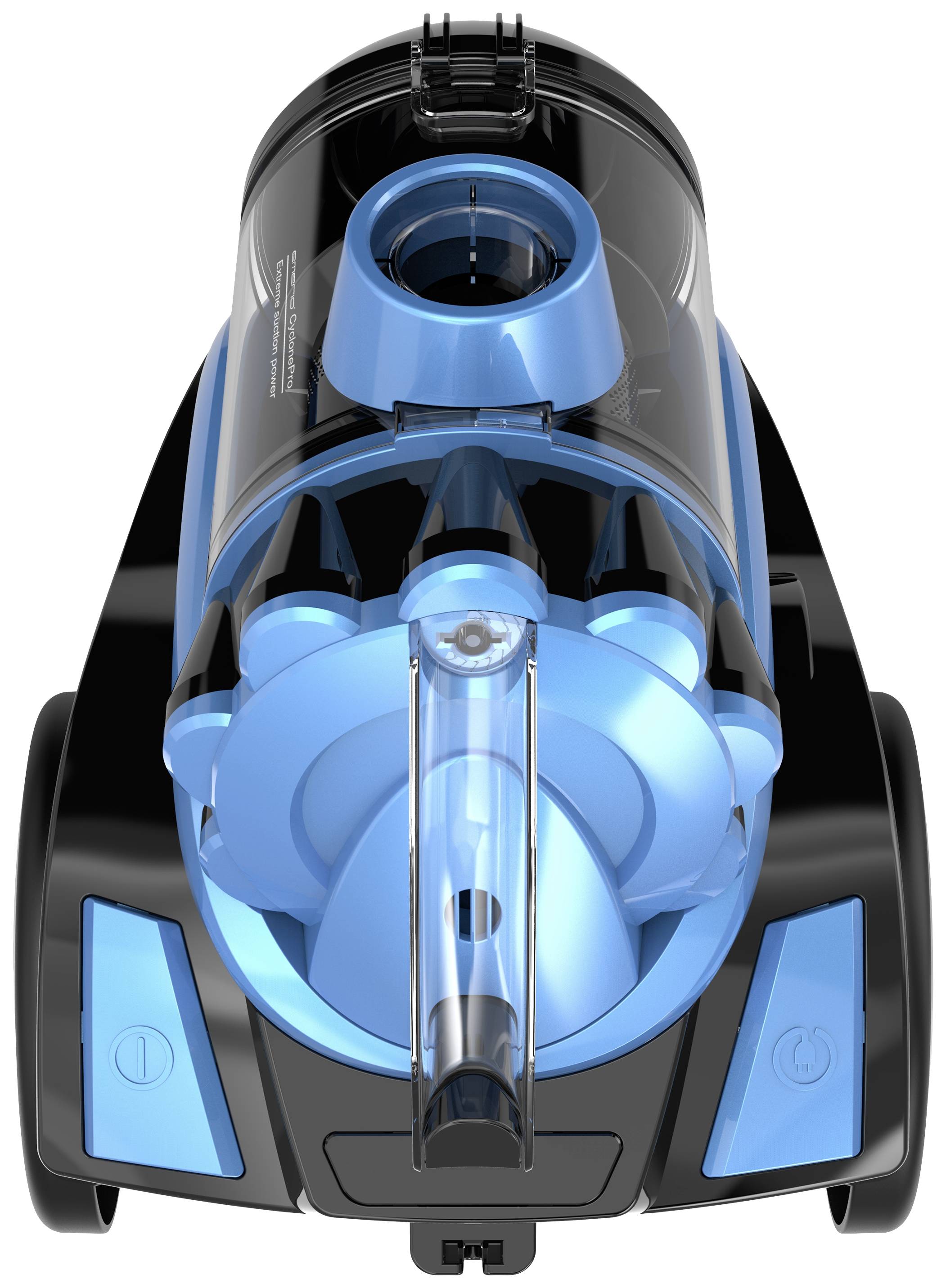 A blue, modern vacuum cleaner with a transparent container and large wheels, viewed from above.