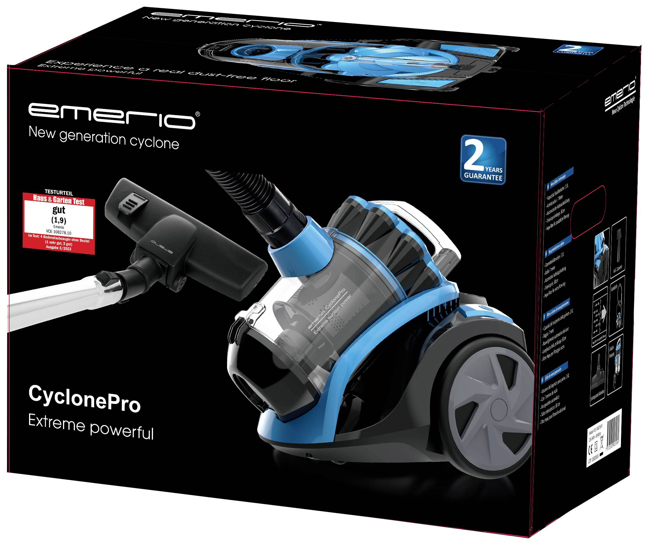 'CyclonePro' vacuum cleaner packaging: Highlighted are the blue, cordless structure and the label 'New generation cyclone'.