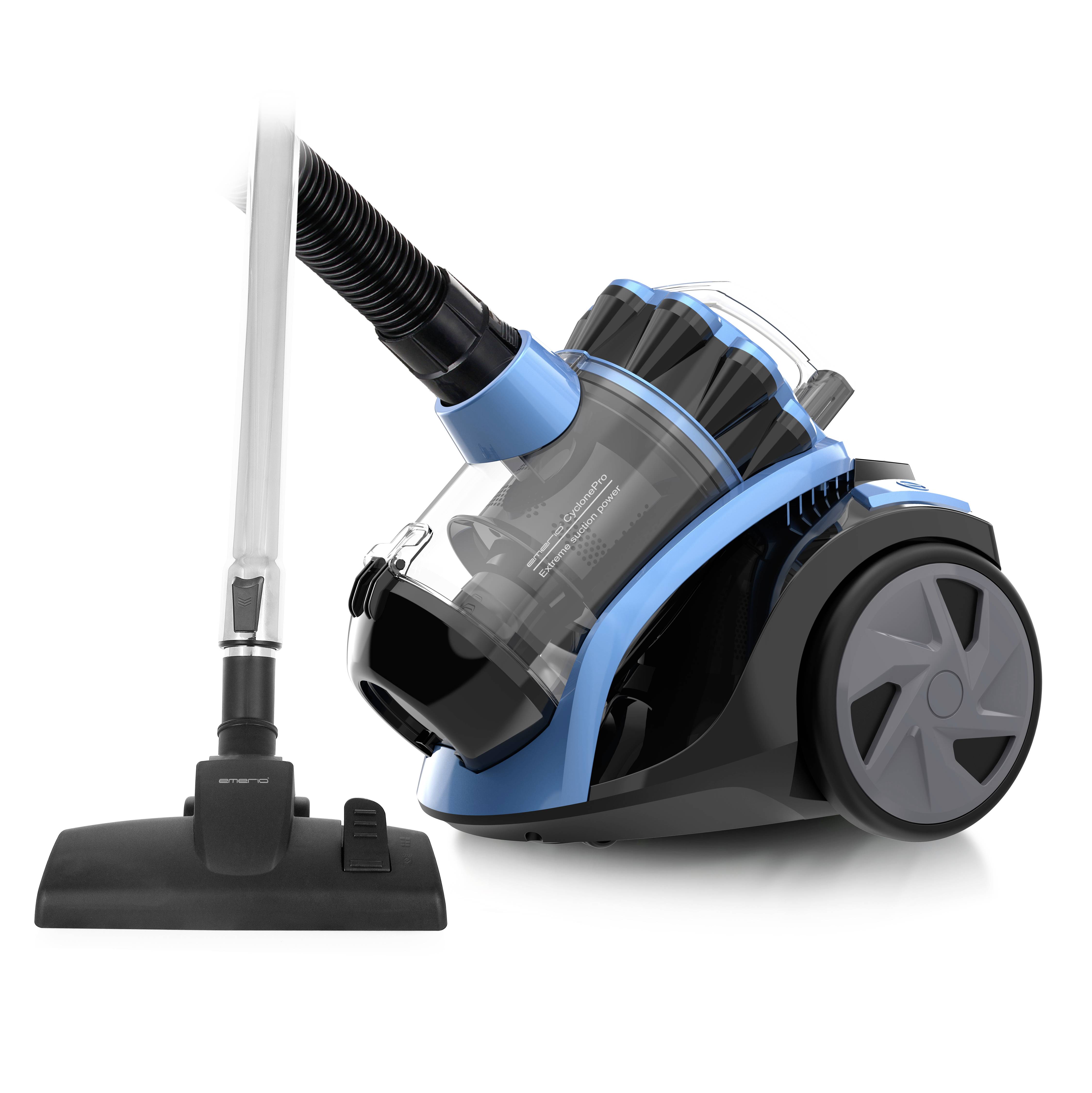A blue, modern vacuum cleaner with a transparent dust container stands upright. To its right, the floor nozzle is visible.