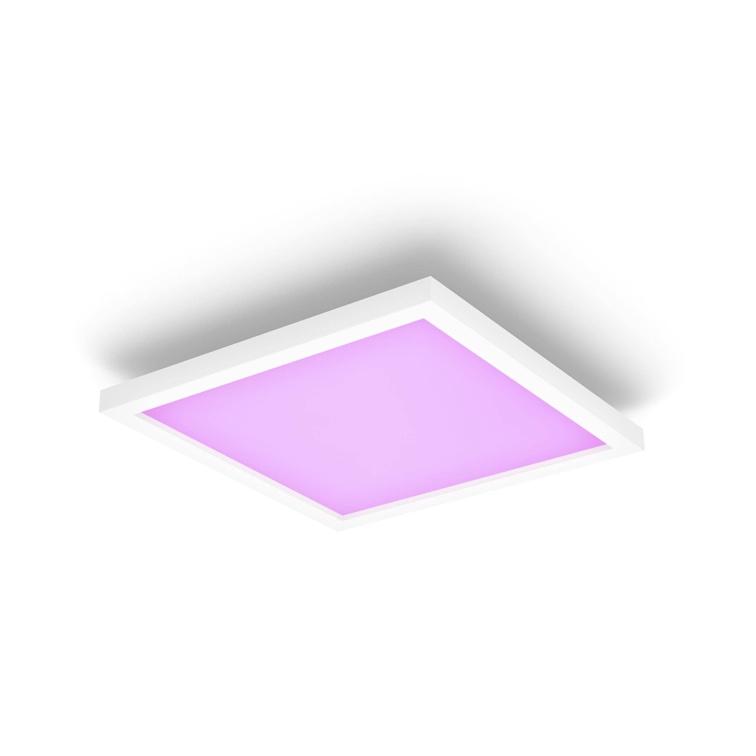 A square ceiling light with pink illumination, mounted on a white ceiling; creates soft, coloured light in the room.