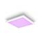 A square ceiling light with pink illumination, mounted on a white ceiling; creates soft, coloured light in the room.
