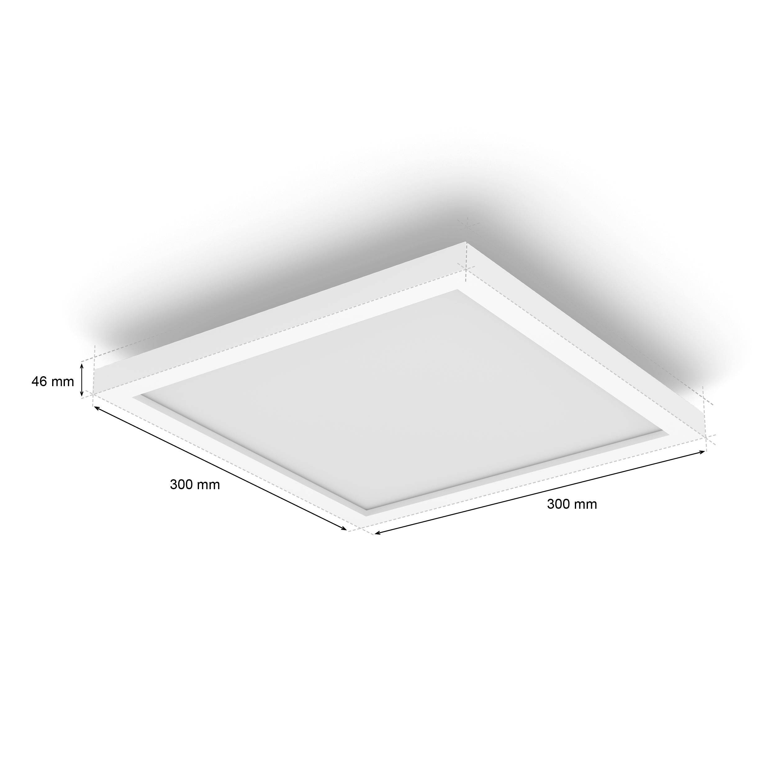 Square ceiling light, dimensions: 300 x 300 mm, height: 46 mm, modern design, white surface, suitable for interior spaces.