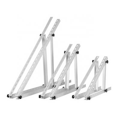 Three adjustable mounting brackets made of silver metal in various sizes, positioned side by side. They demonstrate adjustability and flexibility.