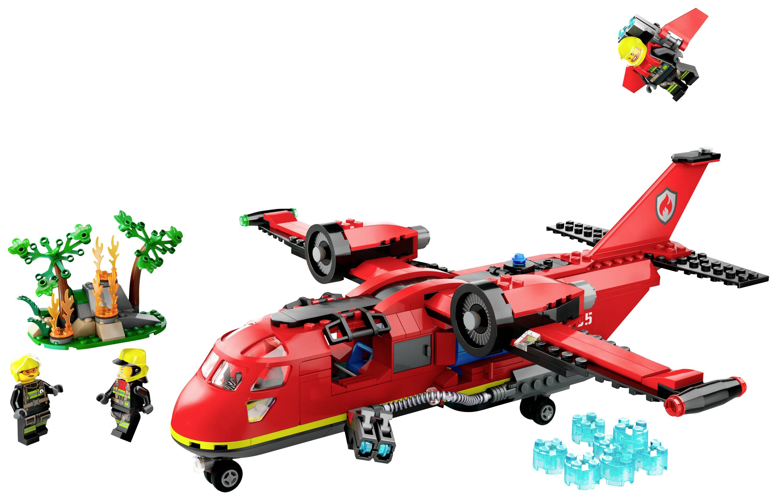 A red firefighting aircraft made of LEGO with two firefighter minifigures, fire and water pieces, a small aircraft, and a green background.