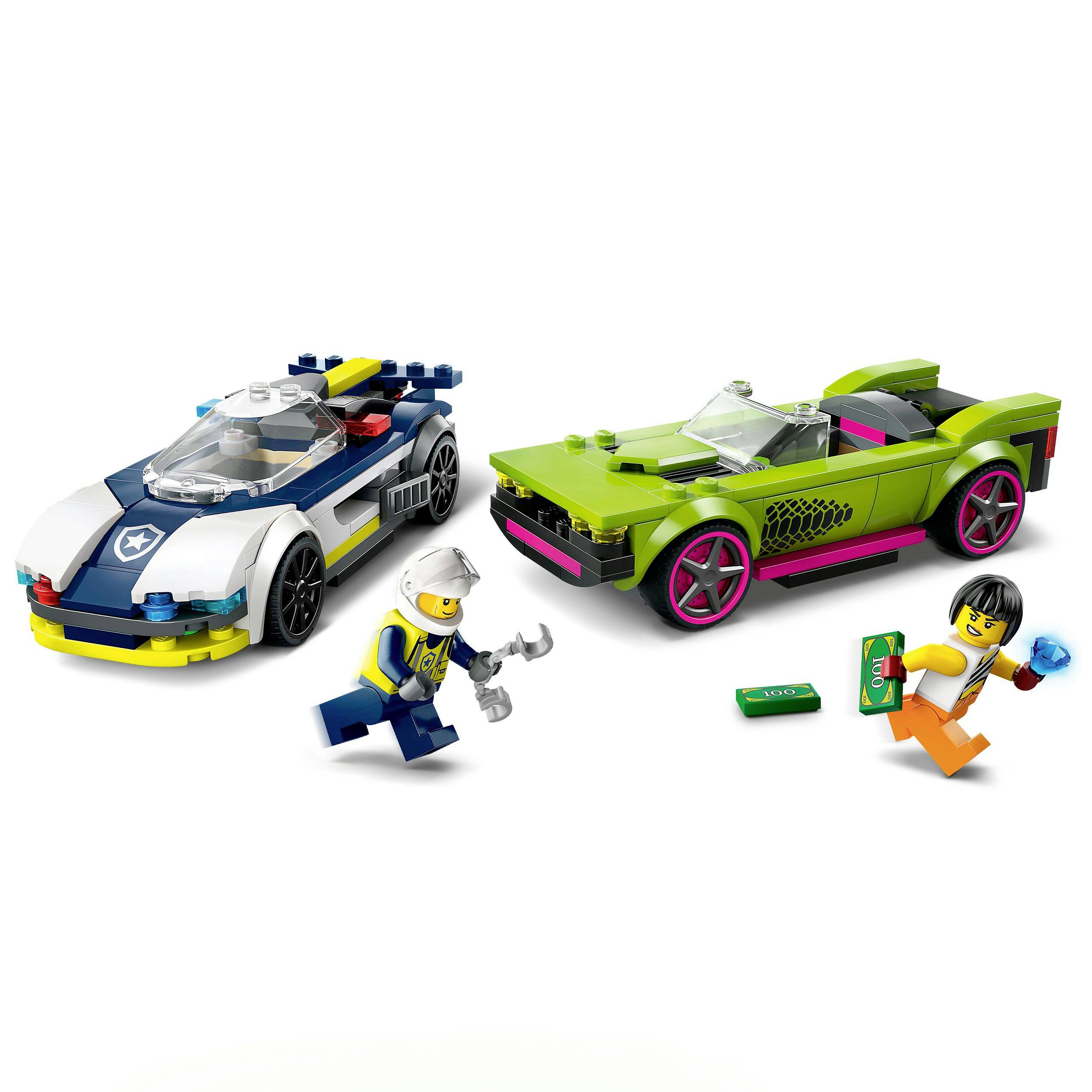 Two toy cars made from colourful building blocks. A white and blue car with a racing driver figurine and a green car with a crazy driver.