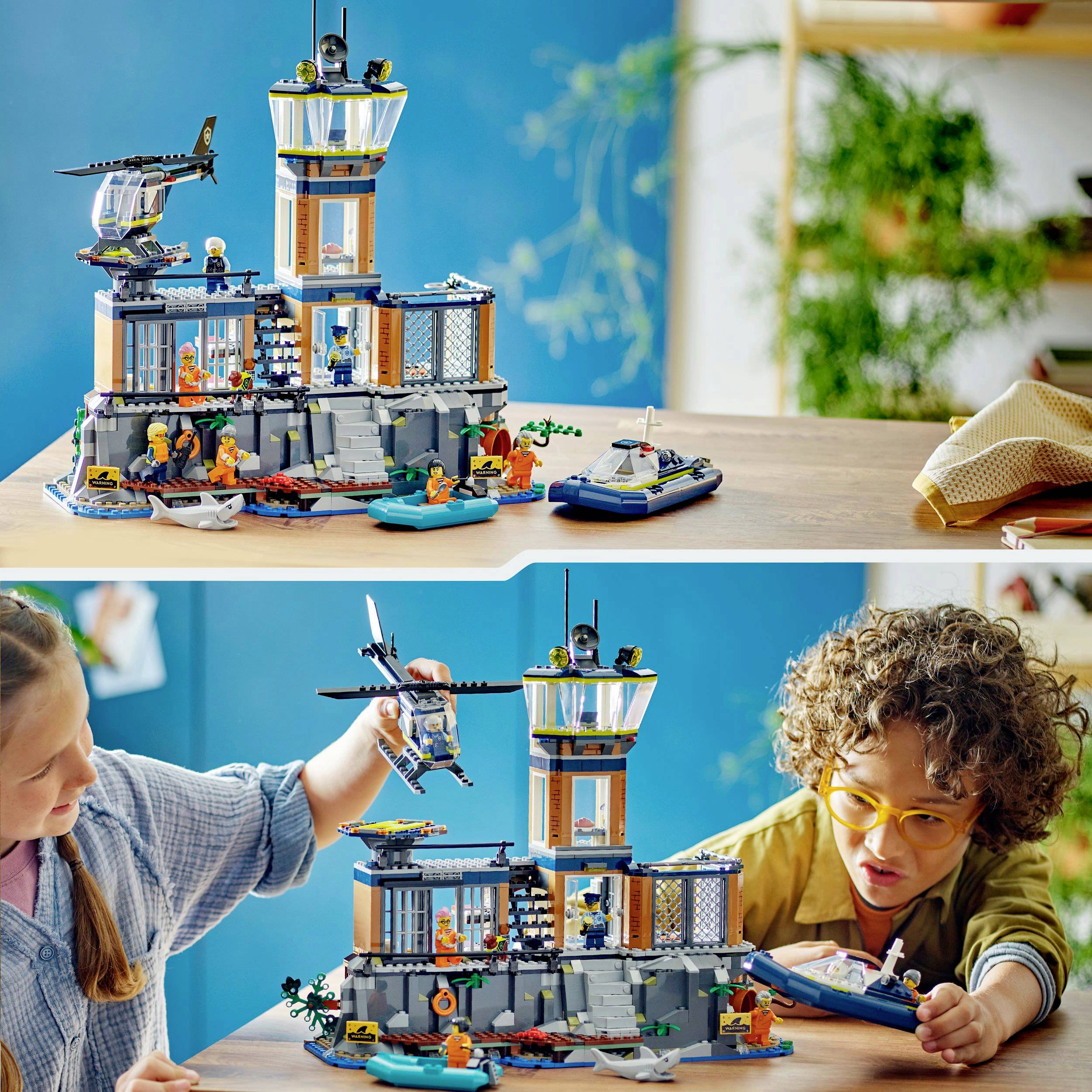 Children are playing with a large toy set that includes a building with a control tower and an aircraft. The background is light blue.