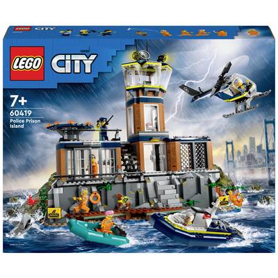 LEGO City Set 'Police Prison Island' for Children Aged 7 and Above. Depicts a Prison on an Island with Helicopter and Boats in a Storm.
