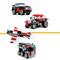 Three small, colourful toy vehicles made of Lego bricks: a car, a plane and an off-road vehicle, each in red, black and grey.
