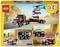 Lego Set with 3-in-1 models: Lorry, Helicopter and Car against a desert-like backdrop. Packaging displays build examples.