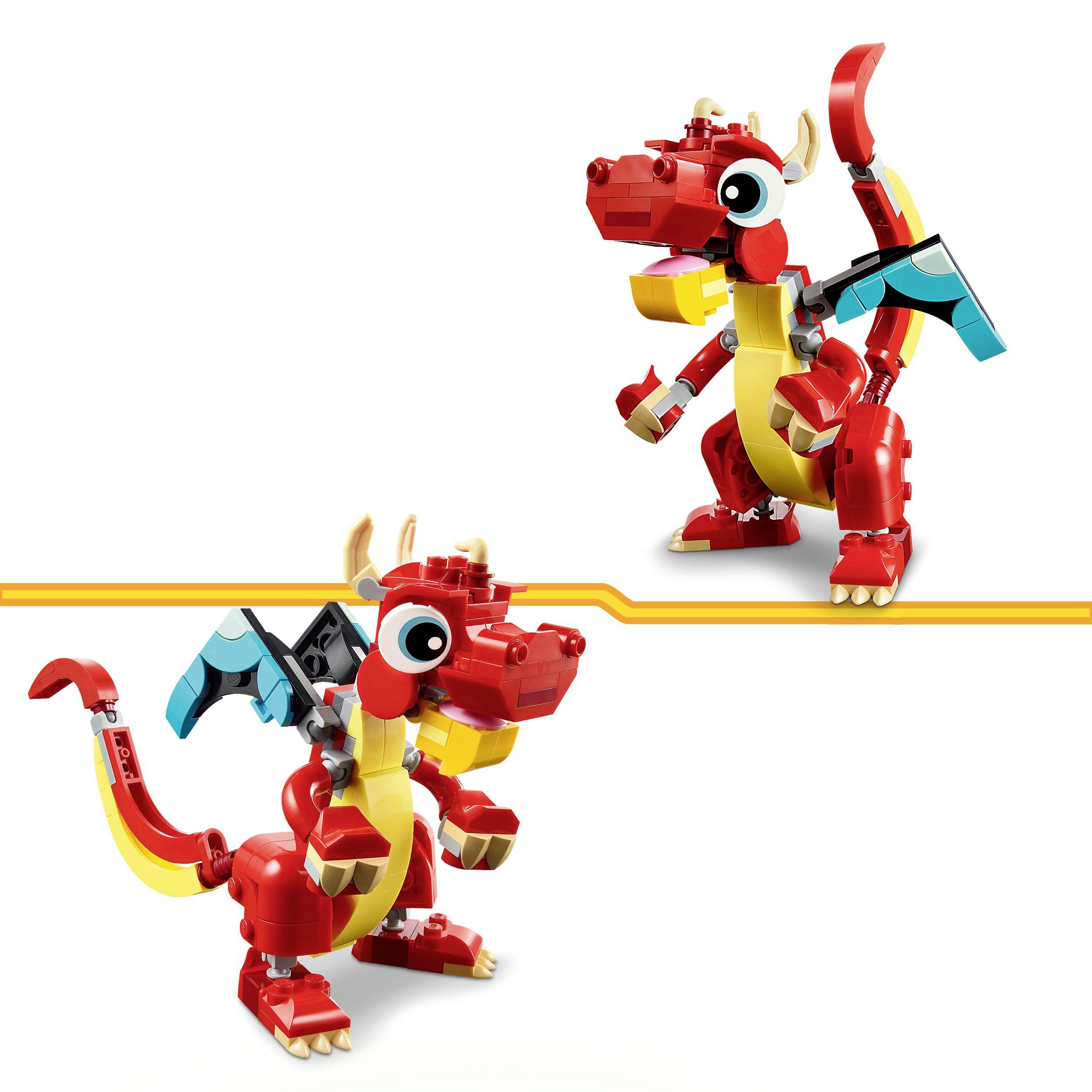 Two red LEGO dragons with yellow and blue wings, shown in different poses. They appear lively and playful.